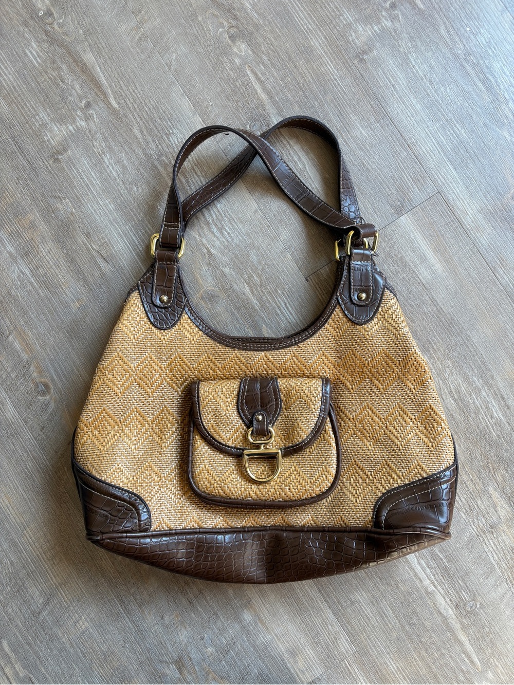 Brown & Tan Woven Textured Handbag with Crocodile Trim | Vintage Style